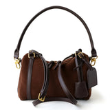 Full Grain Leather Pillow Boston Bag – Pebbled Cowhide & Suede Shoulder Bag | Gold Hardware, Top Handle & Crossbody Strap