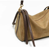Full Grain Leather Pillow Boston Bag – Pebbled Cowhide & Suede Shoulder Bag | Gold Hardware, Top Handle & Crossbody Strap