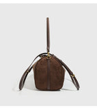 Full Grain Leather Pillow Boston Bag – Pebbled Cowhide & Suede Shoulder Bag | Gold Hardware, Top Handle & Crossbody Strap