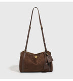 Full Grain Leather Pillow Boston Bag – Pebbled Cowhide & Suede Shoulder Bag | Gold Hardware, Top Handle & Crossbody Strap