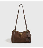 Full Grain Leather Pillow Boston Bag – Pebbled Cowhide & Suede Shoulder Bag | Gold Hardware, Top Handle & Crossbody Strap