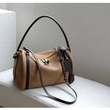 Full Grain Leather Pillow Boston Bag – Pebbled Cowhide & Suede Shoulder Bag | Gold Hardware, Top Handle & Crossbody Strap