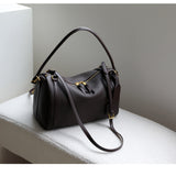 Full Grain Leather Pillow Boston Bag – Pebbled Cowhide & Suede Shoulder Bag | Gold Hardware, Top Handle & Crossbody Strap