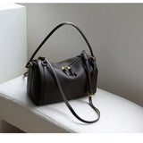 Full Grain Leather Pillow Boston Bag – Pebbled Cowhide & Suede Shoulder Bag | Gold Hardware, Top Handle & Crossbody Strap