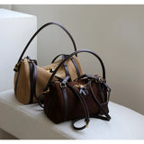 Full Grain Leather Pillow Boston Bag – Pebbled Cowhide & Suede Shoulder Bag | Gold Hardware, Top Handle & Crossbody Strap