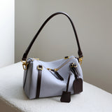 Full Grain Leather Pillow Boston Bag – Pebbled Cowhide & Suede Shoulder Bag | Gold Hardware, Top Handle & Crossbody Strap