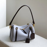 Full Grain Leather Pillow Boston Bag – Pebbled Cowhide & Suede Shoulder Bag | Gold Hardware, Top Handle & Crossbody Strap