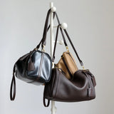 Full Grain Leather Pillow Boston Bag – Pebbled Cowhide & Suede Shoulder Bag | Gold Hardware, Top Handle & Crossbody Strap