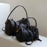 Full Grain Leather Pillow Boston Bag – Pebbled Cowhide & Suede Shoulder Bag | Gold Hardware, Top Handle & Crossbody Strap