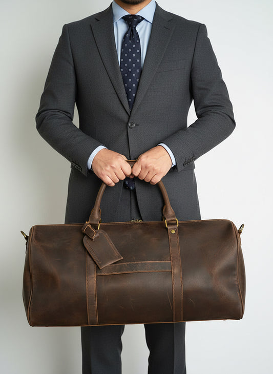 Premium Handmade Crazy Horse Leather Travel Duffel Bag | Large Full Grain Leather Weekend Bag With Trolley Sleeve Dark Brown