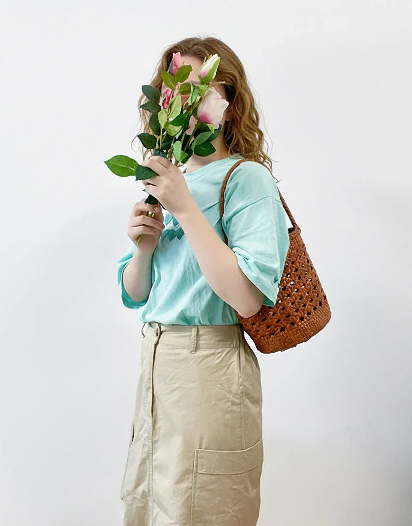 Handcrafted Full Grain Leather Woven Crossbody Bag, Vintage Romantic Lattice Basket Bucket Bag, Hollow-Out Cowhide Cylindrical Crossbody for Women Handbag Tan Brown