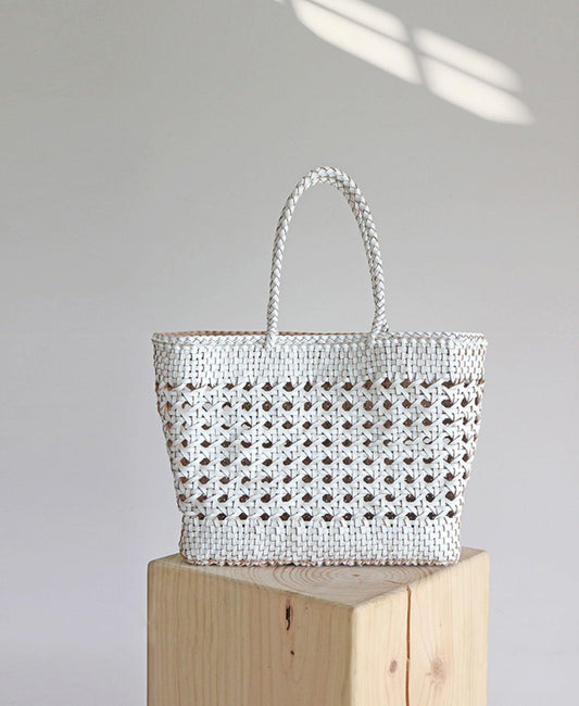 White Genuine Leather Hand Woven Cuboid Shaped Ladies TOTE, Open Rattan Woven Triple Jump Bamboo Ladies Hobo Holiday Bag, Beach Basket Bag