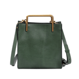 Green genuine cowhide leather shoulder bag with brass handle and adjustable strap