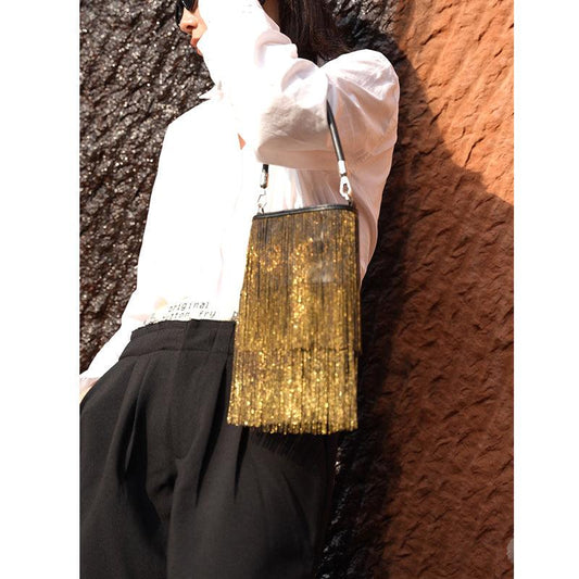 Black Silver Beaded Fringe Leather Shoulder Bag | Glamorous Statement Evening Bag with Metallic Tassels | Luxury Party Handbag