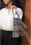 Black Silver Beaded Fringe Leather Shoulder Bag | Glamorous Statement Evening Bag with Metallic Tassels | Luxury Party Handbag