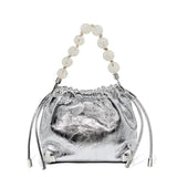 Grace Resin Handle Crossbody Beaded Bucket Bag | Leather Clutch with Floral Pleats