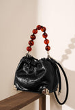 Grace Resin Handle Crossbody Beaded Bucket Bag | Leather Clutch with Floral Pleats
