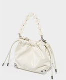 Grace Resin Handle Crossbody Beaded Bucket Bag | Leather Clutch with Floral Pleats