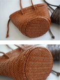 Hand-Woven Cowhide Leather Bucket Bag | Women's Braided Drawstring Basket Purse
