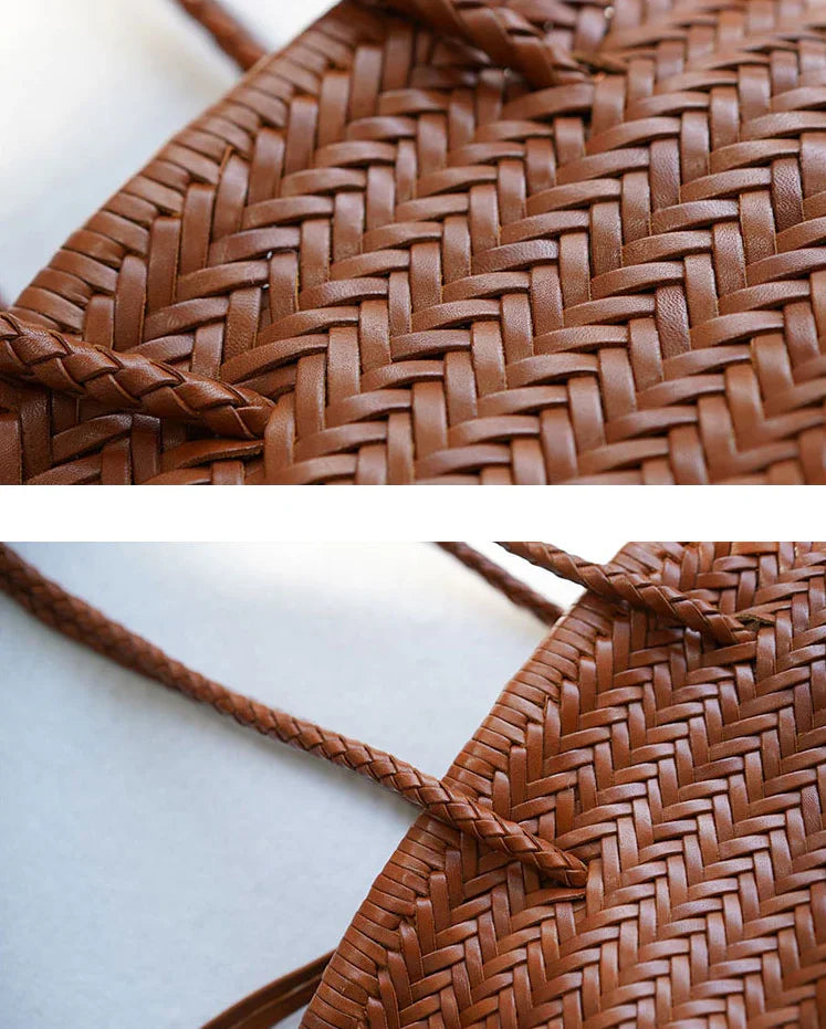 Hand-Woven Cowhide Leather Bucket Bag | Women's Braided Drawstring Basket Purse