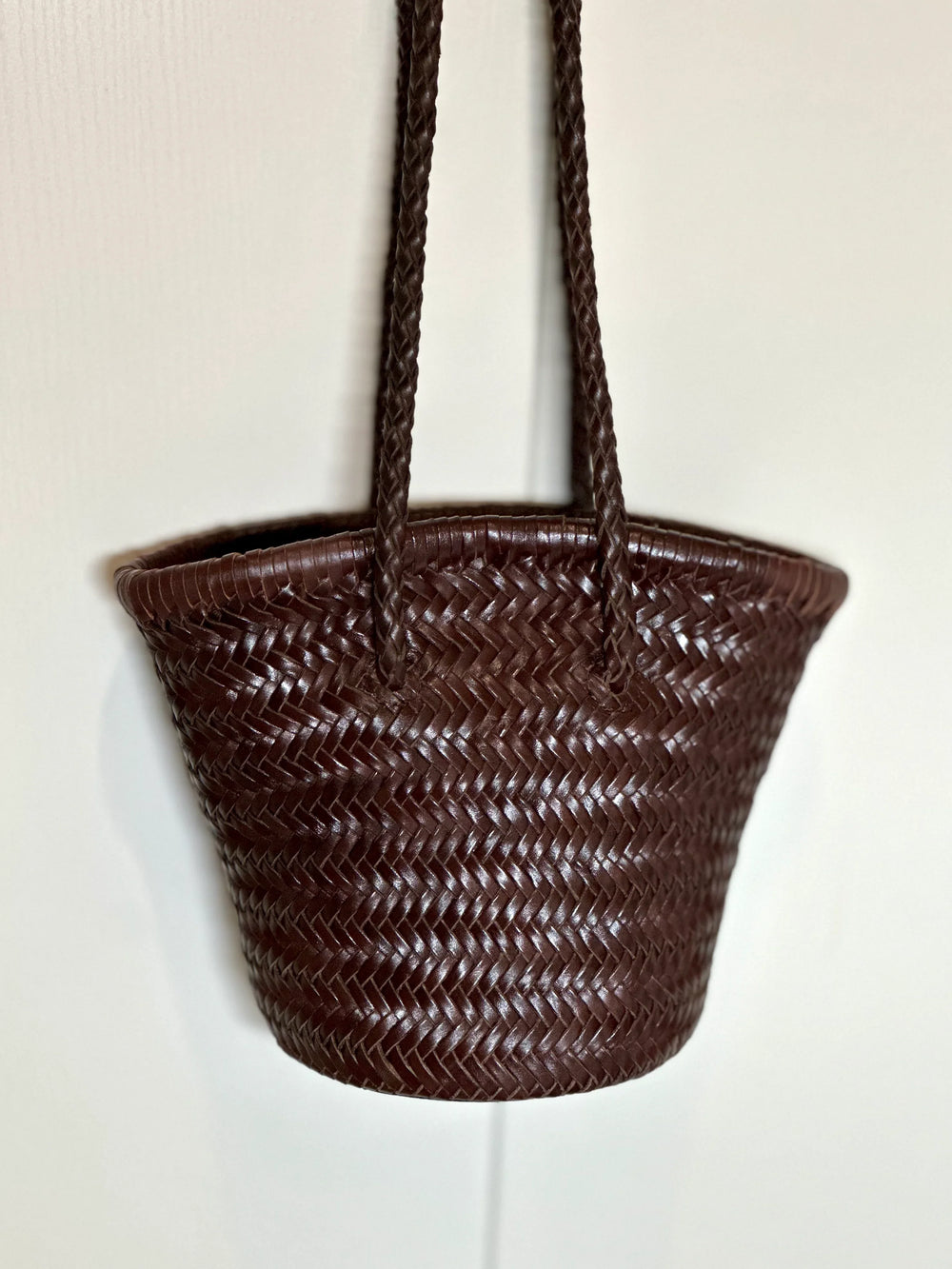 Hand-Woven Cowhide Leather Bucket Bag | Women's Braided Drawstring Basket Purse