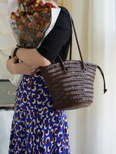 Hand-Woven Cowhide Leather Bucket Bag | Women's Braided Drawstring Basket Purse
