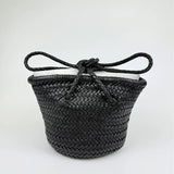 Hand-Woven Cowhide Leather Bucket Bag | Women's Braided Drawstring Basket Purse