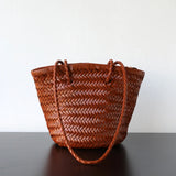 Hand-Woven Cowhide Leather Bucket Bag | Women's Braided Drawstring Basket Purse