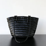 Hand-Woven Cowhide Leather Bucket Bag | Women's Braided Drawstring Basket Purse