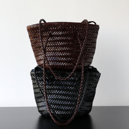 Hand-Woven Cowhide Leather Bucket Bag | Women's Braided Drawstring Basket Purse