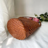 Handcrafted Full Grain Leather Woven Crossbody Bag, Vintage Romantic Lattice Basket Bucket Bag, Hollow-Out Cowhide Cylindrical Crossbody for Women Handbag Tan Brown