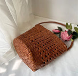 Handcrafted Full Grain Leather Woven Crossbody Bag, Vintage Romantic Lattice Basket Bucket Bag, Hollow-Out Cowhide Cylindrical Crossbody for Women Handbag Tan Brown