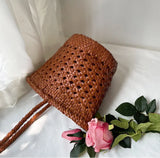 Handcrafted Full Grain Leather Woven Crossbody Bag, Vintage Romantic Lattice Basket Bucket Bag, Hollow-Out Cowhide Cylindrical Crossbody for Women Handbag Tan Brown