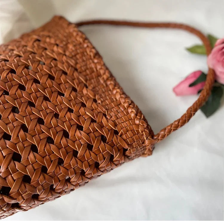 Handcrafted Full Grain Leather Woven Crossbody Bag, Vintage Romantic Lattice Basket Bucket Bag, Hollow-Out Cowhide Cylindrical Crossbody for Women Handbag Tan Brown