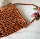 Handcrafted Full Grain Leather Woven Crossbody Bag, Vintage Romantic Lattice Basket Bucket Bag, Hollow-Out Cowhide Cylindrical Crossbody for Women Handbag Tan Brown