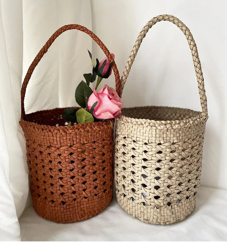 Handcrafted Full Grain Leather Woven Crossbody Bag, Vintage Romantic Lattice Basket Bucket Bag, Hollow-Out Cowhide Cylindrical Crossbody for Women Handbag Pearl White