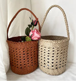 Handcrafted Full Grain Leather Woven Crossbody Bag, Vintage Romantic Lattice Basket Bucket Bag, Hollow-Out Cowhide Cylindrical Crossbody for Women Handbag Pearl White
