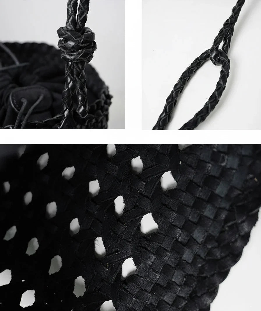 Handcrafted Full Grain Leather Woven Crossbody Bag, Vintage Romantic Lattice Basket Bucket Bag, Hollow-Out Cowhide Cylindrical Crossbody for Women Black