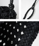Handcrafted Full Grain Leather Woven Crossbody Bag, Vintage Romantic Lattice Basket Bucket Bag, Hollow-Out Cowhide Cylindrical Crossbody for Women Black