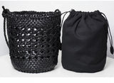 Handcrafted Full Grain Leather Woven Crossbody Bag, Vintage Romantic Lattice Basket Bucket Bag, Hollow-Out Cowhide Cylindrical Crossbody for Women Black