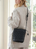 Handcrafted Full Grain Leather Woven Crossbody Bag, Vintage Romantic Lattice Basket Bucket Bag, Hollow-Out Cowhide Cylindrical Crossbody for Women Black