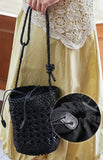 Handcrafted Full Grain Leather Woven Crossbody Bag, Vintage Romantic Lattice Basket Bucket Bag, Hollow-Out Cowhide Cylindrical Crossbody for Women Black