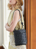Handcrafted Full Grain Leather Woven Crossbody Bag, Vintage Romantic Lattice Basket Bucket Bag, Hollow-Out Cowhide Cylindrical Crossbody for Women Black