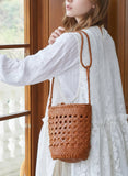 Handcrafted Full Grain Leather Woven Crossbody Bag, Vintage Romantic Lattice Basket Bucket Bag, Hollow-Out Cowhide Cylindrical Crossbody for Women Tan Brown