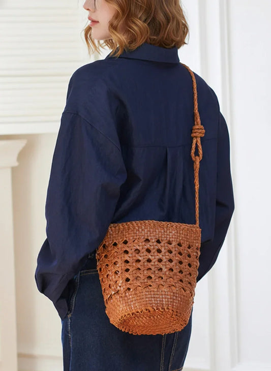 Handcrafted Full Grain Leather Woven Crossbody Bag, Vintage Romantic Lattice Basket Bucket Bag, Hollow-Out Cowhide Cylindrical Crossbody for Women Tan Brown