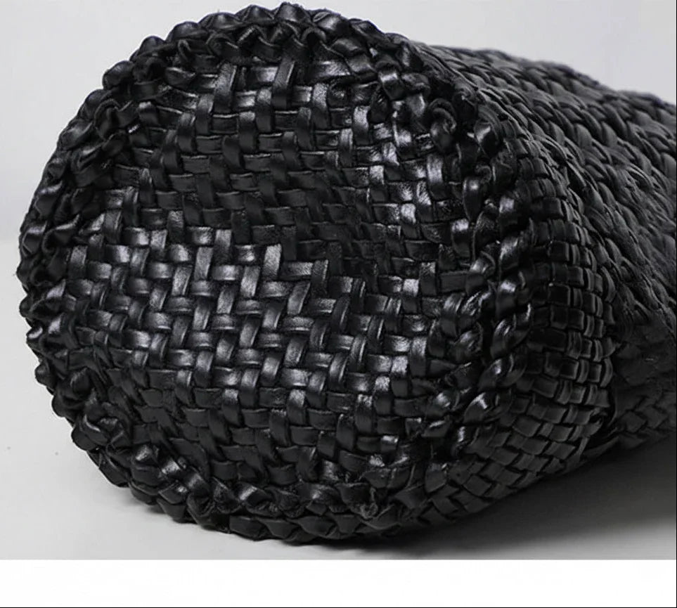 Handcrafted Full Grain Leather Woven Crossbody Bag, Vintage Romantic Lattice Basket Bucket Bag, Hollow-Out Cowhide Cylindrical Crossbody for Women Black