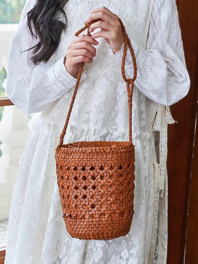 Handcrafted Full Grain Leather Woven Crossbody Bag, Vintage Romantic Lattice Basket Bucket Bag, Hollow-Out Cowhide Cylindrical Crossbody for Women Tan Brown