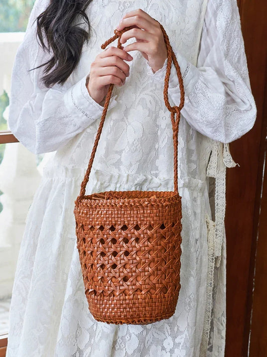 Handcrafted Full Grain Leather Woven Crossbody Bag, Vintage Romantic Lattice Basket Bucket Bag, Hollow-Out Cowhide Cylindrical Crossbody for Women Tan Brown