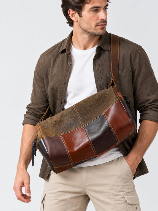 Handcrafted Full Grain Cowhide Patchwork Barrel Bag | Men's Vintage Color-Block Leather Crossbody Shoulder Bag