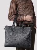 Handcrafted Full Grain Leather Briefcase with Floral Embossing, Vintage Laptop Tote Bag for Men & Women | Fits 16" Laptop | Leather Shoulder & Crossbody Work Bag or Weekend & Overnight Bags